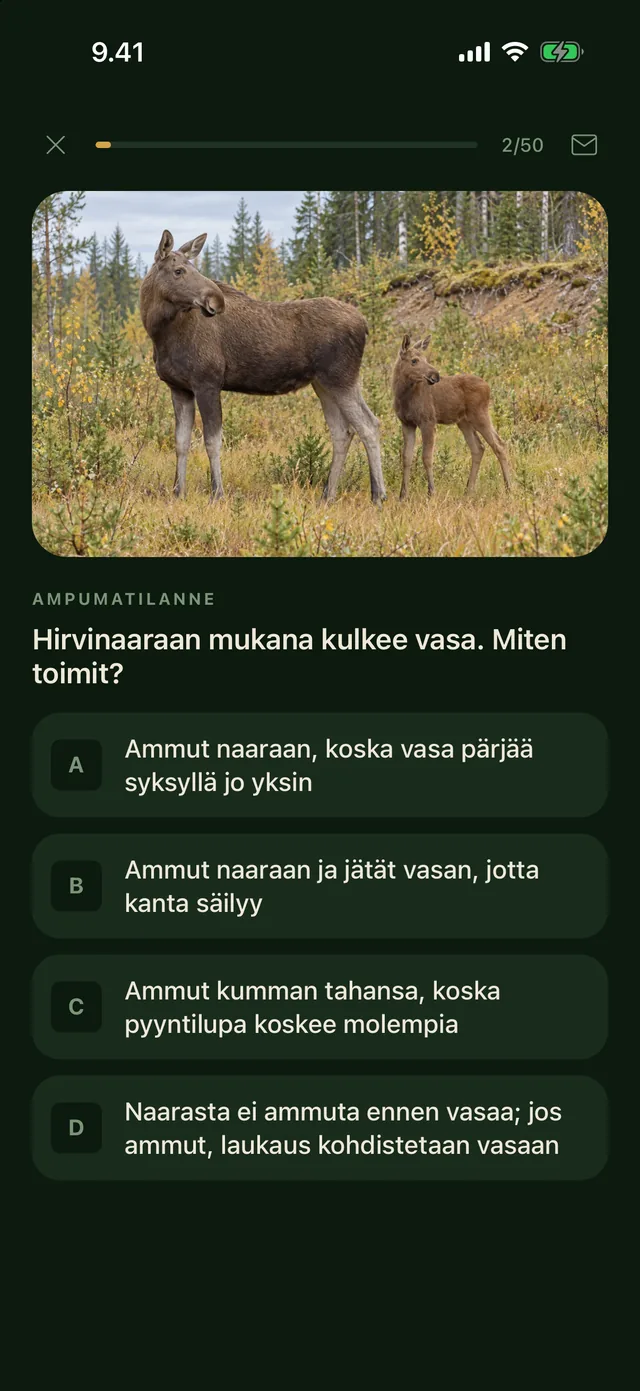 Ampumatilanne: hirvinaaraan mukana kulkee vasa