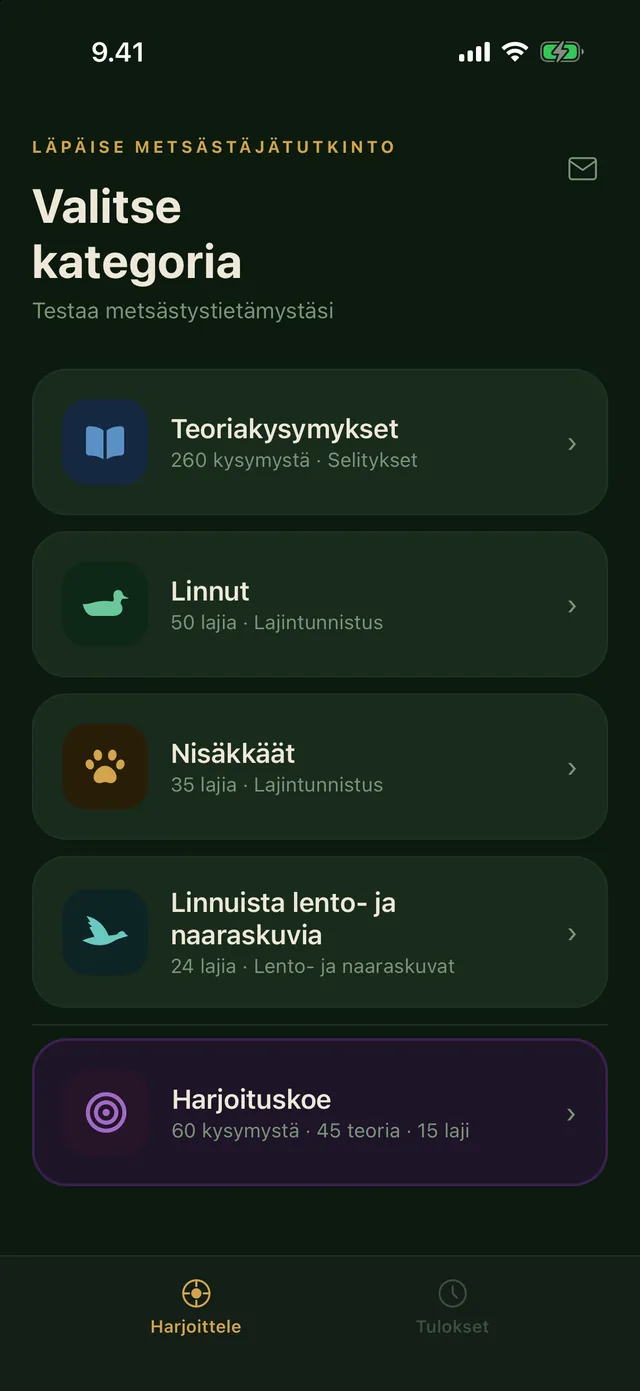 Sovelluksen etusivu: teoriakysymykset, linnut, nisäkkäät ja harjoituskoe